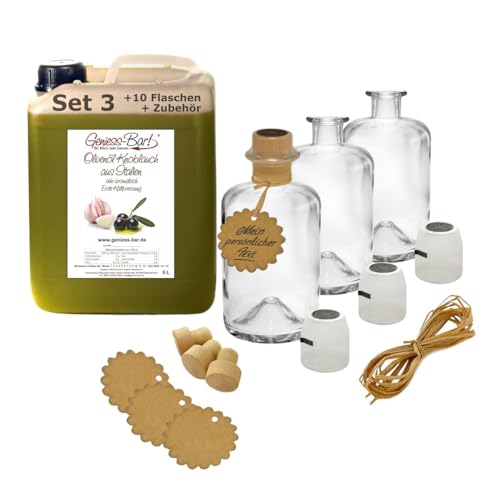 Olivenöl Knoblauch 5L aus Italien inkl. 10 Flaschen, Korken, Kapseln, Bast & Anhänger extra vergine von Geniess-Bar!