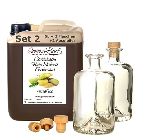 Rum Spirit Solera Exclusiva 5L + 2 Flaschen & 2 Ausgießer Explosion karibischer Aromen & sehr weich 40% Vol von Geniess-Bar!
