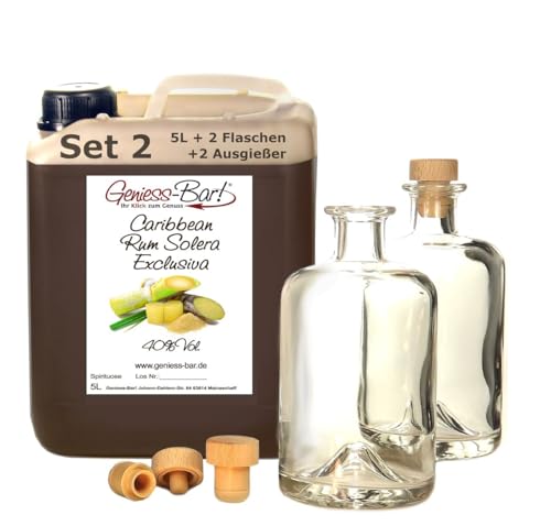 Caribbean Rum Solera Exclusiva 5L + 2 Flaschen & 2 Ausgießer Explosion karibischer Aromen & sehr weich 40% Vol von Geniess-Bar!