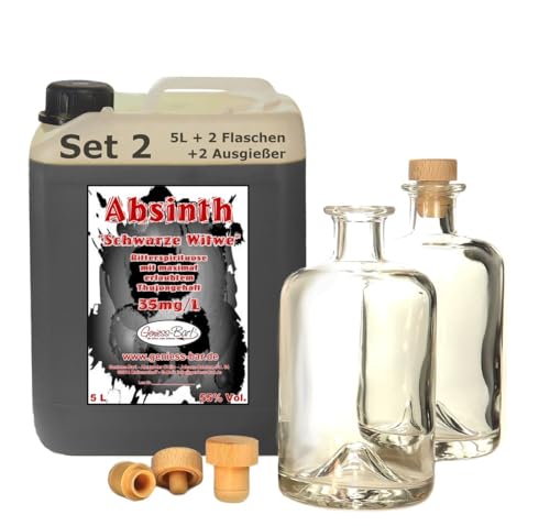 Schwarzer Absinth 5L Mit max. erlaubtem Thujon 35mg inkl. 2 Flaschen 2 Ausgießer Absinth Schwarze Witwe 55% Vol von Geniess-Bar!