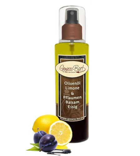 Sprühflasche Salatdressing 0,26L Olivenöl Limone & Pflaumen Balsam Essig - Spezialität in Premium Qualität Vinaigrette Pumpspray für unterwegs/Büro/Camping von Geniess-Bar!