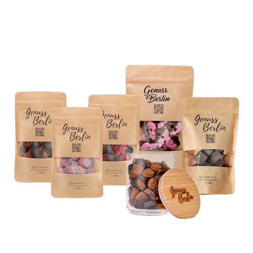 Genuss Berlin – Süße Lakritz Orchester – 5 Sorten Lakritz Mischung – Toffee, Himbeere, Karamell & Saure Taler – Geschenkset mit Vorratsglas – Perfekt zum Teilen & Genießen – 1kg Süßigkeiten von Genuss Berlin