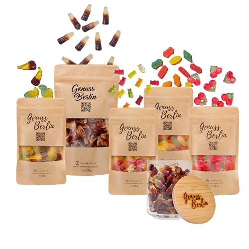 Genuss Berlin – Fruchtgummi-Bündel ohne Zucker – Zuckerfreie Süßigkeiten – Weingummi & Fruchtgummi für Kinder & Erwachsene - free sugar Gummibärchen – Gesunde Snacks – zero sugar – mit Glas von Genuss Berlin