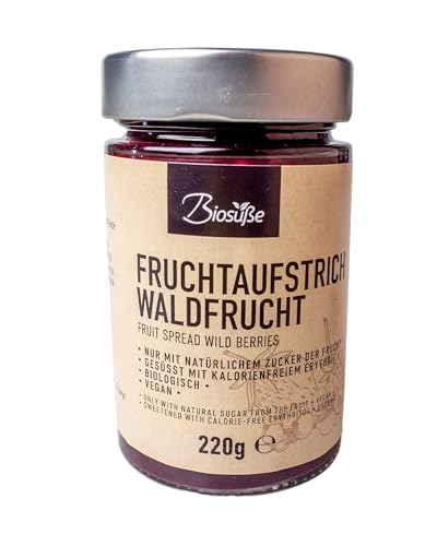 Biosüße Bio-Fruchtaufstrich Waldfrucht 220g - ohne Zuckerzusatz mit Bio-Erythrit gesüßt, 60% Frucht, ohne Xylit, Stevia oder chemischen Süßstoff, vegan, biologisch von kalorienfreie Biosuße