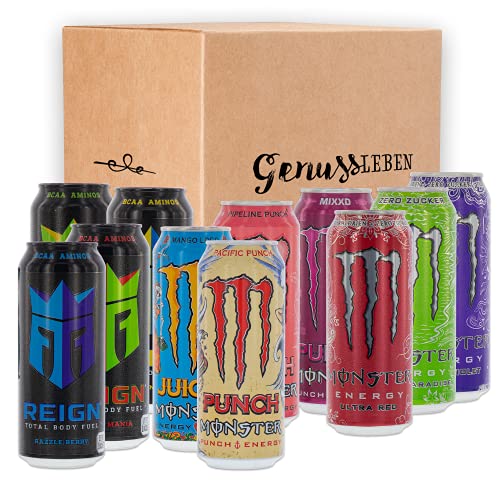 Genussleben Box mit 12 Energy Drinks, zufälliger Mix aus Monster Energy und Reign Energy in Geschenkbox inkl. 12x0,25 Pfand von Genussleben