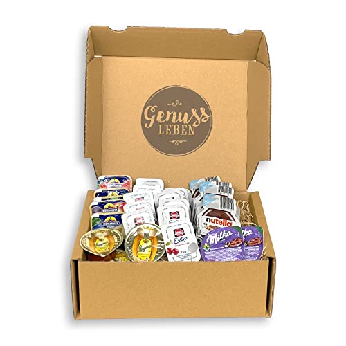 Genussleben Box mit 900g Konfitüre von Schwartau, Langnese, Milka und nutella verschiedene Sorten in Portionspackung von Genussleben