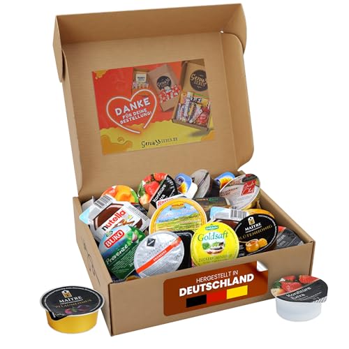 Genussleben Frühstücksbox mit ca. 800g Konfitüre, Marmelade, Honig, Haselnusscreme, Wurst und Frischkäse in vielen Geschmacksrichtungen, kleine Portionen im Mix für Büro, Familie oder Unterwegs. von Genussleben