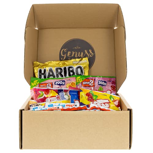 Genussleben Geschenkbox mit 1 kg Lachgummi,1 kg Haribo und 36x leckeren Kinder Riegeln Grosspackung von Genussleben