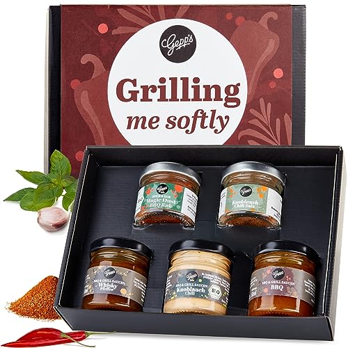 Gepp's Feinkost „Grilling me softly“ mit Gewürzen & BBQ Saucen I Mini Grillgeschenk für Männer I Geschenk mit Spezialitäten wie Magic Spice Gewürz & Whiskey Pfeffer Sauce I Perfekte Geschenkidee von Gepp's