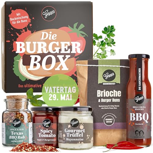 Gepp’s Feinkost Burgerbox Geschenkset zum Vatertag I Gefüllt mit feinsten Grill- und BBQ-Saucen, Texas BBQ Rub und Brioche I Geschenkidee für Grillfeste und Burger-Abende für Papa, Freund und Ehemann von Gepp's