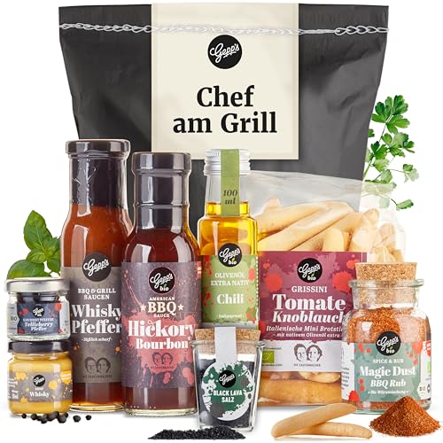 Gepp's Feinkost Chef am Grill Geschenkkorb für Männer I Köstliches Grill-Geschenk zum Vatertag mit Grillsaucen, Whiskey Senf, Chili-Öl, Black Lava Salz, Gourmet Pfeffer & Grissini I Vatertagsgeschenk von Gepp's