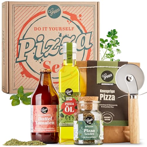 Gepp’s Feinkost DIY Pizza Geschenkset I Knusprige und leckere Pizza zum Selbermachen I Geschenk mit Pizzateig nach neapolitanischer Art, Sugo aus Kirsch- und Datteltomaten, Pizzaöl und Bio Pizzagewürz von Gepp's