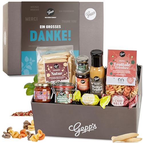 Gepp’s Feinkost Danke-Box Geschenkkorb mit vielen Delikatessen I Firmengeschenk für Mitarbeiter & Kollegen I Spezialitäten wie Pasta, Trüffelsauce, Pesto, Amaretto I Gourmet Präsentkorb von Gepp's