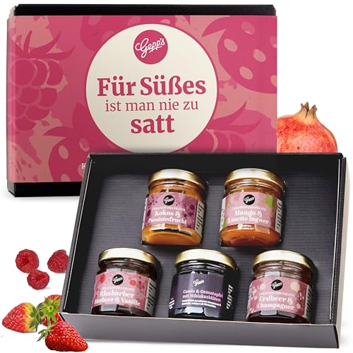 Gepp's Feinkost Frühstück Marmeladen Set I Mini Konfitüren in verschiedenen Geschmacksrichtungen I Muttertagsgeschenk mit Spezialitäten wie Mango Ingwer Erdbeer & Champagner Fruchtaufstrich von Gepp's