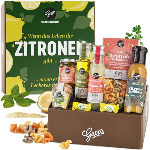 Gepp’s Feinkost Geschenkbox Zitrone I Geschenkset für Frauen & Männer I Präsentkorb gefüllt mit Delikatessen: BIO Olivenöl mit Zitrone, Pesto Limone uvm. I hergestellt nach eigener Rezeptur von Gepp's