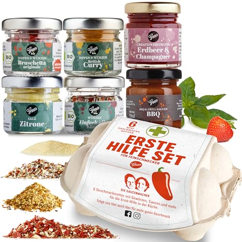 Gepp's Feinkost Geschenkset "Erste Hilfe Tasting Box" I Gourmet Geschenkkorb für Frauen & Männer mit 6 leckeren Delikatessen I Präsentkorb für kleine Notfälle - mit Gewürzen, Dip & Sauce von Gepp's