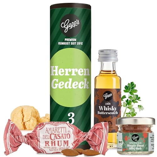 Gepp's Feinkost Geschenkset Herrengedeck zum Vatertag I Gourmet Vatertagsgeschenk mit Butterscotch-Whisky-Likör, Amaretti-Rum und BBQ Rub-Gewürz als kleines Geschenk für Männer von Gepp's