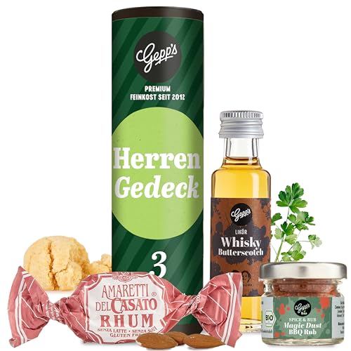 Gepp's Feinkost Geschenkset "Herrengedeck" I Gourmet Vatertagsgeschenkkorb mit Butterscotch-Whisky-Likör, Amaretti-Rum und BBQ Rub-Gewürz als kleines Geschenk I Probierset ohne künstliche Zusätze von Gepp's