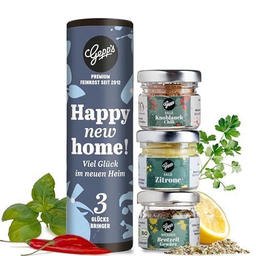Gepp's Feinkost Gewürz Geschenk zum Einzug I 3 kleine Einzugsgeschenke für Haus & Wohnung I Probierset mit Zitronensalz, Knoblauch Chili Salz & Brotzeit Gewürz I Einweihungsgeschenk, Richtfest von Gepp's