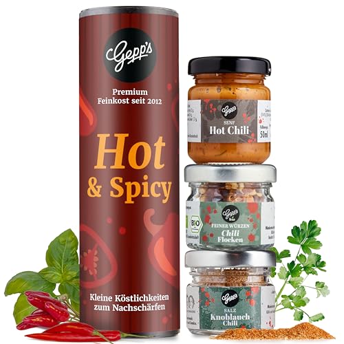 Gepp’s Feinkost Gewürzset Chili I Feinkost Gewürze I Geschenkidee für Schärfe-Liebhaber mit Knoblauch-Chili-Salz, Chiliflocken & Hot-Chili Senf I Chilli Grillgewürz, Burger-Gewürz von Gepp's