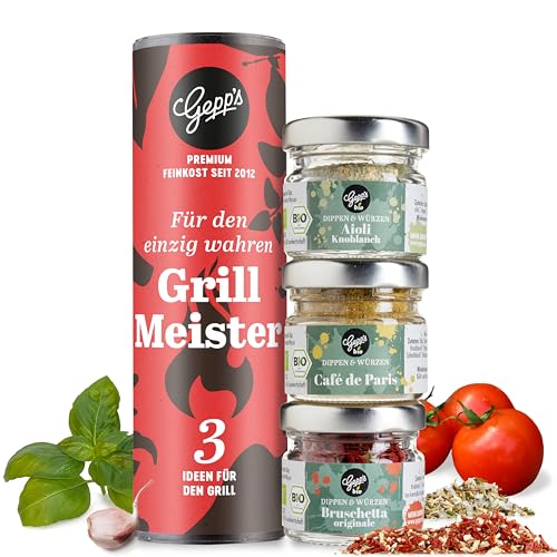 Gepp's Feinkost Grillgewürze Geschenkset "Grillmeister" I Gourmet BBQ Gewürze mit Texas BBQ Rub, Magic Dust- & Kräuterbuttergewürz als Geschenk für Männer I Probierset ohne künstliche Zusätze von Gepp's