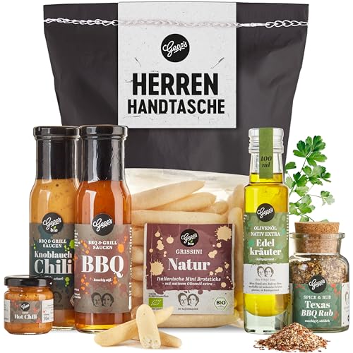 Gepp’s Feinkost Herrenhandtasche Geschenkkorb zum Vatertag I Lustiges Vatertagsgeschenk gefüllt mit Delikatessen wie Grill- und BBQ-Saucen, Texas BBQ Rub, Hot Chili Senf I Geschenk für den Vater von Gepp's