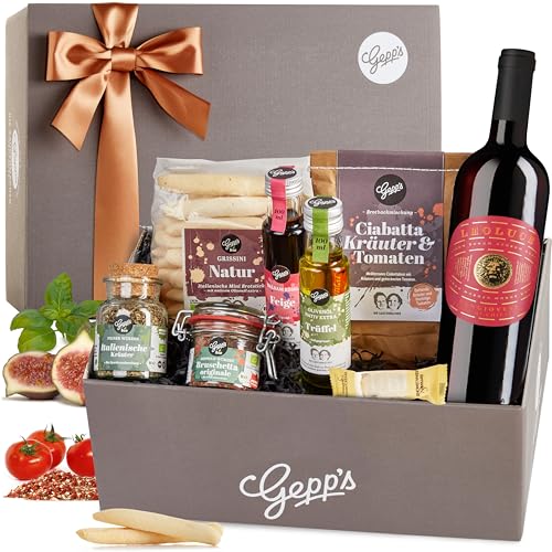 Gepp’s Feinkost Italienreise I Geschenkset mit italienischen Delikatessen I Edle Geschenkbox mit Rotwein (750 ml), Trüffel-Olivenöl und vielem mehr I Hochwertiges Geschenk für sie & ihn von Gepp's