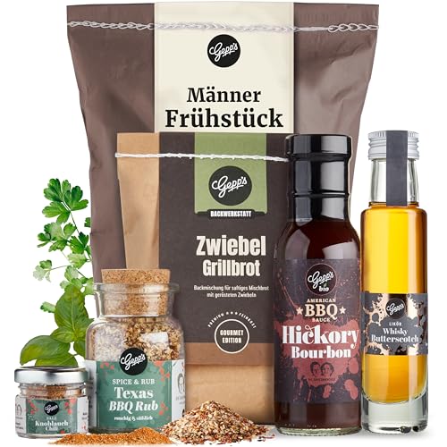Gepp’s Feinkost Männerfrühstück Wundertüte I Geschenkidee zum Vatertag für Männer mit Bio Grill- und BBQ Sauce, Whiskey, Texas Super Rub, Black Lava Salz & Grillbrot I Vatertagsgeschenk zum Grillen von Gepp's