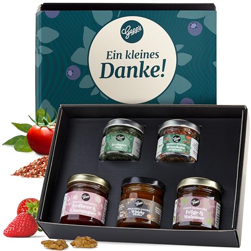 Gepp's Feinkost Mini Danke Geschenkbox I Geschenkkorb mit 2 Gewürz-Variationen, 2 fruchtigen Konfitüren und einer Edelsauce I perfekt zum Verschenken oder selbst genießen I 5 x 50ml von Gepp's