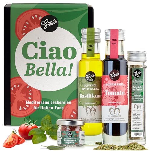Gepp’s Feinkost Geschenkset Italien | Geschenbox mit italienischen Delikatessen wie Bio-Olivenöl Basilikum, Bruschetta-Dip, italienisches Gewürz | Feines Gourmet-Geschenk für Männer & Frauen von Gepp's