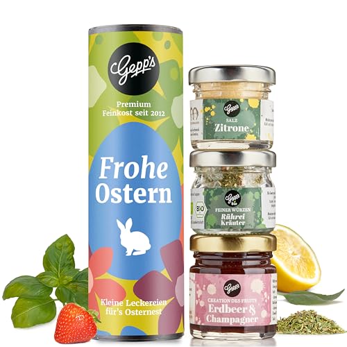 Gepp’s Feinkost Oster Geschenkset „Frohe Ostern“ I Kleines Ostergeschenk für Männer & Frauen mit Fruchtaufstrich, Rührei-Kräutern & Zitronensalz I Gourmet Oster Geschenkset ohne künstliche Zusätze Gepp’s Feinkost Oster Geschenkset „Frohe Ostern“ I Kleines Ostergeschenk für Männer & Frauen mit Fruchtaufstrich, Rührei-Kräutern & Zitronensalz I Gourmet Oster Geschenkset ohne künstliche Zusätze von Gepp's