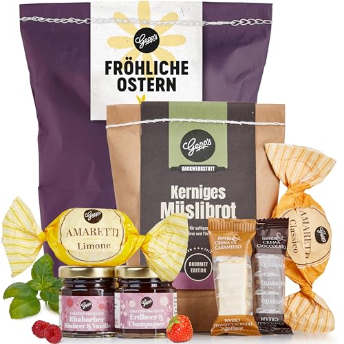 Gepp’s Feinkost Ostern Wundertüte, Gefülltes Ostergeschenk mit Delikatessen zum Frühstück, Kleine Überraschung mit Fruchtaufstrichen und Brotbackmischung, Geschenk nach eigener Rezeptur von Gepp's