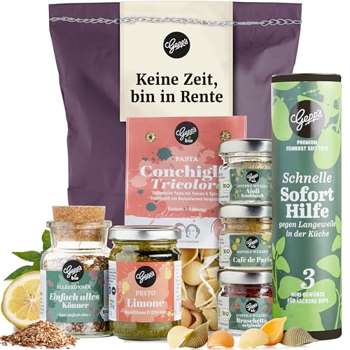 Gepp's Feinkost Rentenbox I Liebevoller Geschenkkorb für den Ruhestand mit Pasta, Pesto und weiteren Delikatessen I Rentner Geschenk für mehr Spaß beim Nichtstun I Ideal für Kollegen & Mitarbeiter von Gepp's