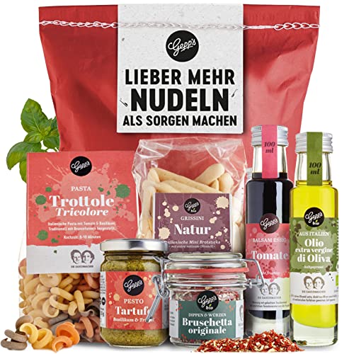 Gepp's Feinkost Wundertüte - Lieber mehr Nudeln als Sorgen machen I Witzige Geschenkidee mit Delikatessen wie in Italien hergestellte Pasta, Pesto Limone, Bio Bruschetta Dip I Lustiges Geschenkset von Gepp's