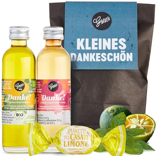 Gepp's Feinkost Wundertüte "Danke" I kleines Dankeschön Geschenk mit Basilikum-Olivenöl, Essigspezialität Kalamansi und Amaretti I Geschenkset zum Danke sagen mit köstlichen Delikatessen von Gepp's