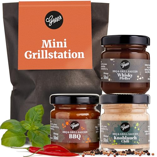 Gepp’s Feinkost Wundertüte Mini Grillstation I Grill-Geschenke für Männer mit BBQ Grillsauce, Whsikey Pfeffer Sauce & Knoblauch Chili Sauce I Grillgewürze Geschenkset mit Anhänger von Gepp's