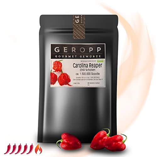 GEROPP-GOURMET Carolina Reaper Chili Ganze Schoten 20g | Schärfster Chili der Welt: ca. 1,5 Mio. Scoville | Verschließbarer Aromabeutel | Gewürz für Grillen, Kochen | Feurig-scharfe Geschenkidee von Geropp Gourmet