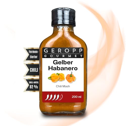 GEROPP-GOURMET Gelber Habanero Chili Mash/Püree 200 ml mit 82% Chili | Fruchtig aromatisch | In wiederverschließbarer Glasflasche | Gewürzsauce für Grillen, Kochen | Feurig-scharf | Geschenk Idee von Geropp Gourmet