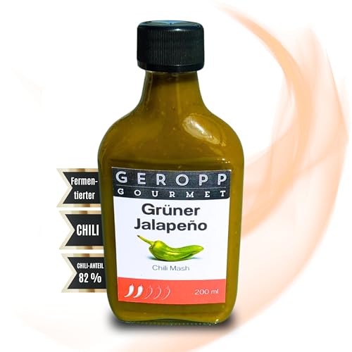 GEROPP-GOURMET Grüner Jalapeno Chili Mash/Püree 200ml mit 82% Chili | In wiederverschließbarer Glasflasche | Gewürzsauce für Grillen, Kochen | Fruchtiger Geschmack, Pikant-scharf | Geschenkidee von Geropp Gourmet