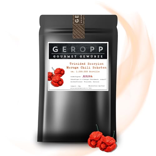 GEROPP-GOURMET Trinidad Scorpion Moruga Chili Schoten 20g | 1,2 Mio Scoville fruchtiger Geschmack | Im wiederverschließbaren Aromabeutel | Gewürz für Grillen, Kochen | Extrem-scharf | Geschenkidee von Geropp Gourmet