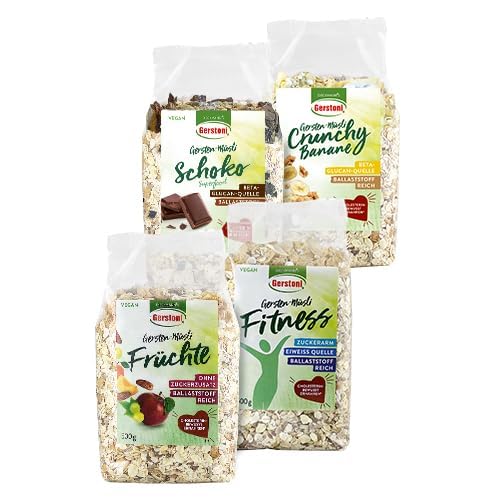 Gerstoni Gersten-Müslis Mixed 4er-Set, Früchte, Fitness, Schoko & Crunchy - ballaststoffreich mit Gersten-Beta-Glucan von Gerstoni