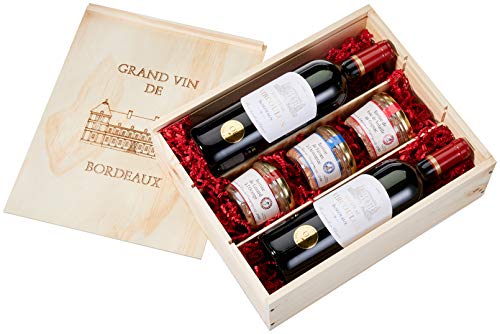 Wein-Geschenkset "Frankreich de Luxe" | 2 Flaschen trockener Rotwein und 3 köstliche Terrinen in Gläsern in hochwertiger Präsentkiste aus Holz von freund