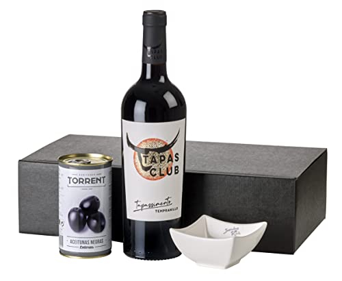 Wein-Geschenkset "Tapas Club" | 1 Flasche Rotwein Tapas Club Tapassimento Tempranillo trocken (0.75 l), 1 Dose schwarze Oliven und 1 Prozellanschale von freund