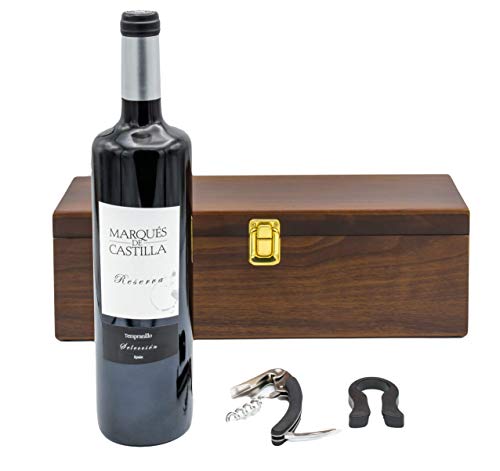 Geschenkset Weinset in Holzkiste mit 1 Flasche Marques de Castilla Reserva, 1er Pack (1 x 750 ml) von The Wine Guys