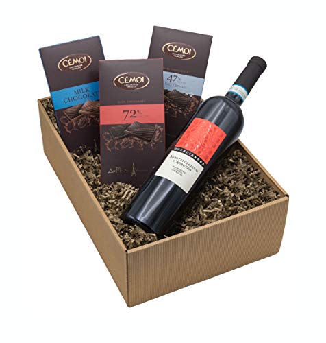Präsentkorb „GENUSSBOX“ mit Wein und Schokolade in einem Geschenkkarton | Italienischer Rotwein Montepulciano D`Abruzzo und drei französische Schokoladentafeln als Geschenkset von The Wine Guys
