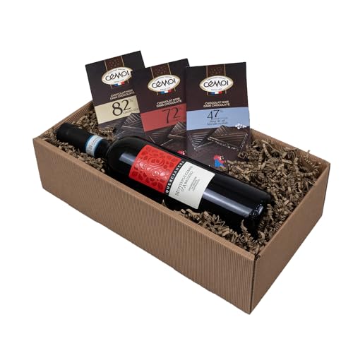 The Wine Guys Präsentkorb „GENUSSBOX“ mit Wein und Schokolade in einem Geschenkkarton | Italienischer Rotwein Montepulciano D`Abruzzo und drei französische Schokoladentafeln als Geschenkset von The Wine Guys