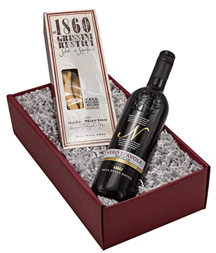 Geschenk-Set „Rustico“ mit Wein und Salzgebäck in einem tollen Geschenkkarton | Geschenkset mit edlem Rotwein aus Sizilien (1 x 0.75 l) und feine Grissini aus Italien von The Wine Guys