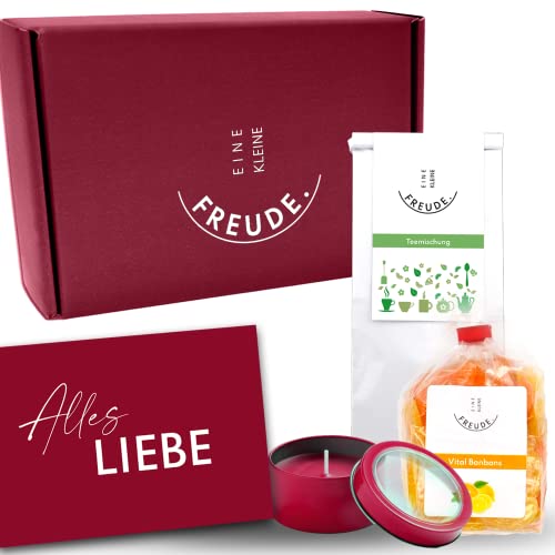 EINE KLEINE FREUDE. | "Auszeit" Geschenkbox mit Entspannungs-Tee, Duftkerze, Vital-Fruchtbonbons & Grußkarte | Wellness-Geschenkset für Frauen von Geschenkbox - 24