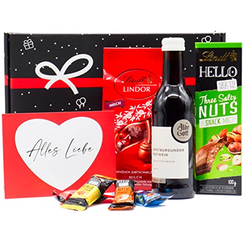 Geschenkset "Wein & Schokolade" | Präsentkorb gefüllt mit Rotwein, Lindt Pralinen, Schokolade & Grußkarte Geschenkkorb für Frauen & Männer zum Geburtstag, Dankeschön von Geschenkbox - 24