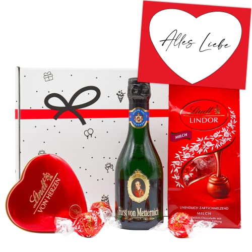 Geschenkset "von Herzen" | Geschenkkorb gefüllt mit Lindt Pralinen, Schokolade, Sekt & Grußkarte | Präsentkorb für Frauen & Männer zum Geburtstag, Dankeschön von Geschenkbox - 24